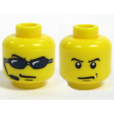 yellow minifigure head dual sided sunglasses headset angry eyebrows and scowl white pupils pattern