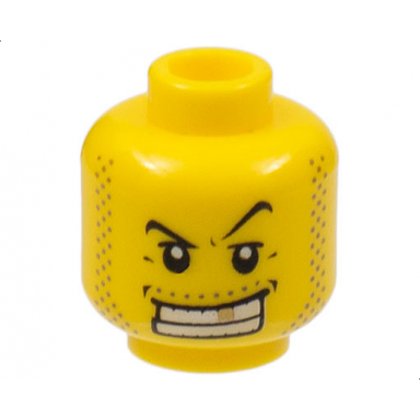 yellow minifigure head male black thin eyebrows upper eyelids moustache and sideburns stubble wide open mouth smile with teeth and gold tooth pattern