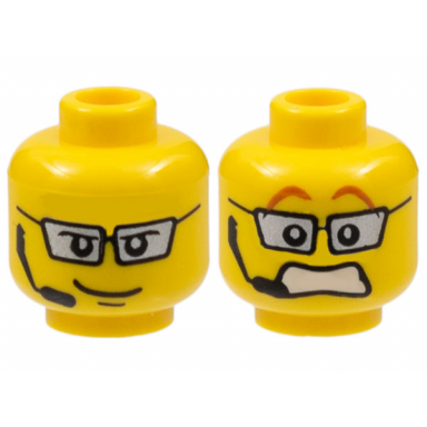 yellow minifigure head dual sided silver glasses headset smile scared pattern