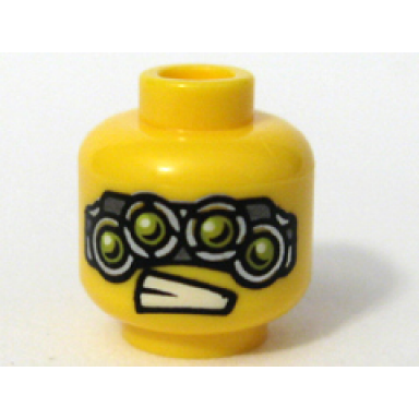 yellow minifigure head alien with four mechanical eyes teeth pattern