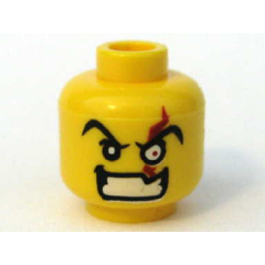 yellow minifigure head male angry eyebrows and white left eye with red scar evil grin with teeth pattern