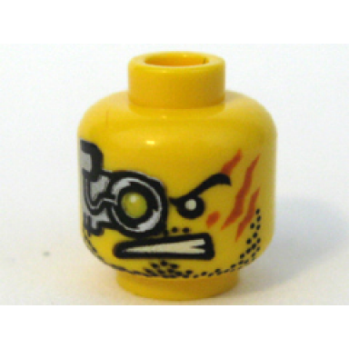 yellow minifigure head alien with mechanical right eye green scars on left cheek stubble pattern