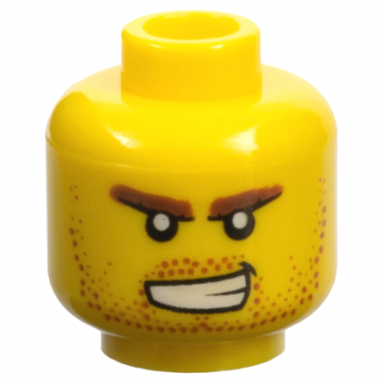 yellow minifigure head reddish brown bushy eyebrows and beard stubble open mouth scowl with teeth pattern