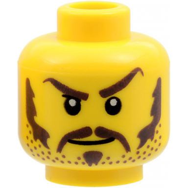 yellow minifigure head dark brown eyebrows moustache soul patch sideburns and beard stubble evil grin pattern