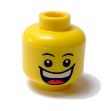 yellow minifigure head male black thin eyebrows white pupils huge smile with teeth and tongue pattern