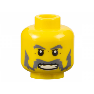 yellow minifigure head dark bluish gray bushy eyebrows moustache and mutton chops upper eyelids open mouth smile with teeth pattern