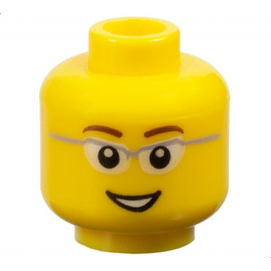 yellow minifigure head reddish brown eyebrows glasses with light bluish gray frame and white lenses open mouth smile with teeth pattern