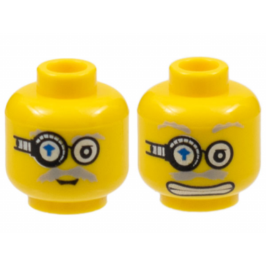 yellow minifigure head dual sided power miner glasses with blue arrow gray eyebrows moustache mouth closed mouth with teeth pattern