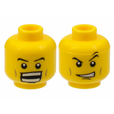 yellow minifigure head dual sided power miner thin eyebrows cheek lines determined open mouth grin with teeth pattern