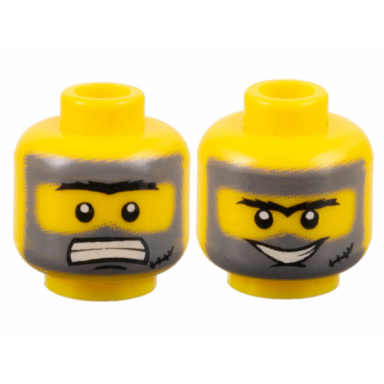 yellow minifigure head dual sided black bushy unibrow chin dimple scar dark bluish gray dirt stains clenched teeth open mouth smile pattern