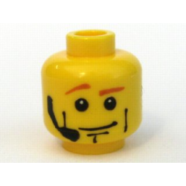 yellow minifigure head male dark orange eyebrows white pupils vertical cheek lines headset pattern