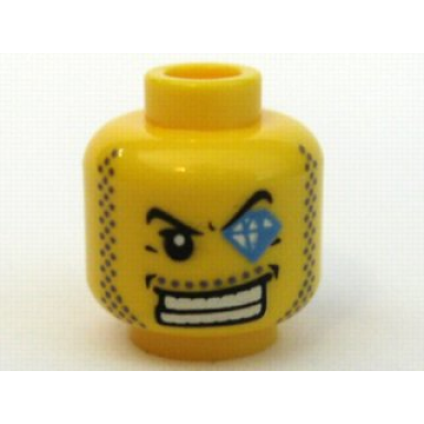 yellow minifigure head male arched eyebrow white teeth course stubble jewel over left eye pattern