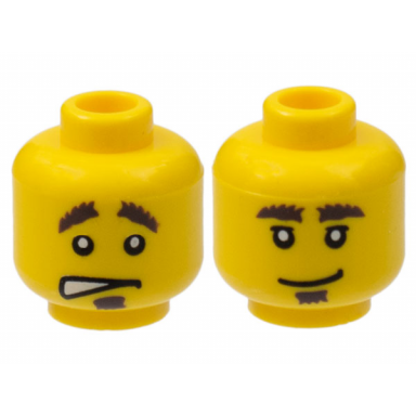 yellow minifigure head dual sided dark brown bushy eyebrows and soul patch worried open mouth with teeth upper eyelids and lopsided grin pattern