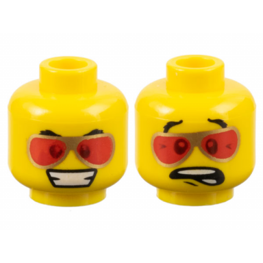 yellow minifigure head dual sided gold glasses with red lenses grin scared pattern