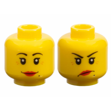 yellow minifigure head dual sided female black eyebrows single eyelashes beauty mark red lips medium nougat wrinkles grin angry lopsided frown pattern