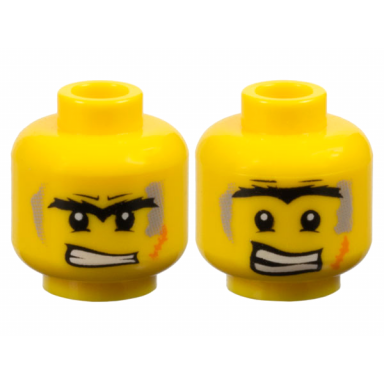 yellow minifigure head dual sided black bushy unibrow lower eyelids light bluish gray dirt stains orange scar angry bared teeth scared pattern