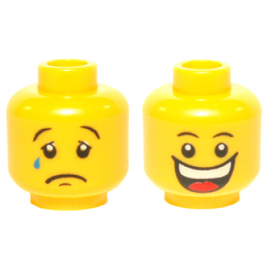 yellow minifigure head dual sided black convex eyebrows upper eyelids tear drop chin dimple and sad frown huge open mouth smile with top teeth and red tongue pattern