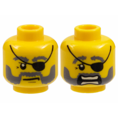 yellow minifigure head dual sided dark bluish gray bushy eyebrows moustache and beard upper eyelid black eye patch stern with chin dimple scared open mouth with teeth parted pattern