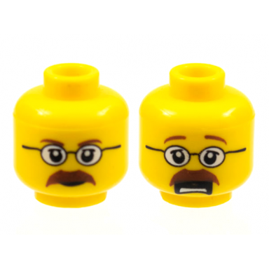 yellow minifigure head dual sided glasses brown eyebrows and moustache closed mouth open mouth scared pattern