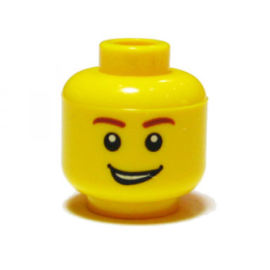 yellow minifigure head male reddish brown eyebrows open lopsided grin with teeth white pupils pattern