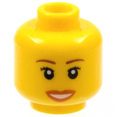 yellow minifigure head female reddish brown eyebrows black eyelashes dark orange lips open mouth smile with teeth pattern
