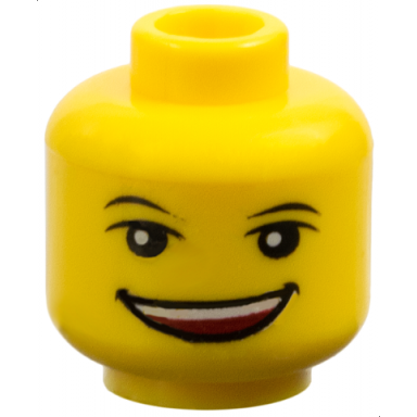 yellow minifigure head black eyebrows eyelids red open mouth smile wide with top teeth pattern