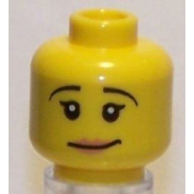 yellow minifigure head female black eyebrows crooked smile peach lips pattern