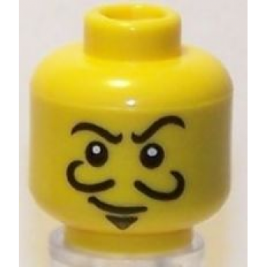 yellow minifigure head thin crooked eyebrows curly moustache goatee and white pupils pattern