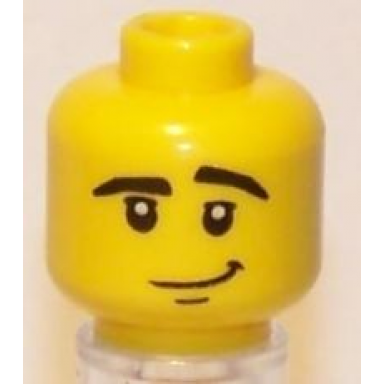 yellow minifigure head male crooked smile black eyes with white pupils black eyebrows pattern
