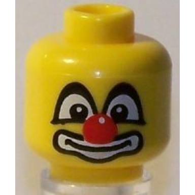 yellow minifigure head big eyes with white pupils red nose and large white mouth pattern clown