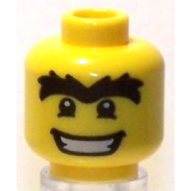 yellow minifigure head black bushy thick unibrow lower eyelids wide open mouth smile with teeth pattern