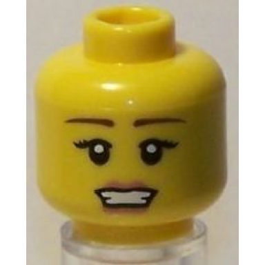 yellow minifigure head female reddish brown eyebrows pink lips open mouth pattern