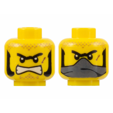 yellow minifigure head dual sided black thick unibrow and mutton chops dark tan dirt stains reddish brown scar angry bared teeth dark bluish gray bandana over mouth pattern