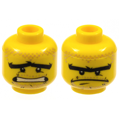 yellow minifigure head dual sided black thick unibrow lower eyelids and scratches nougat hair moustache and goatee stubble scared wide open mouth with teeth stern pattern