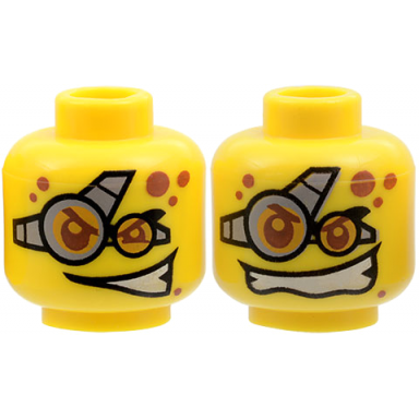yellow minifigure head dual sided reddish brown eyebrows eyes and spots light bluish gray goggles with bright light orange lenses angry smirk wide open mouth smile with teeth pattern