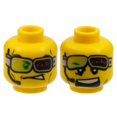 yellow minifigure head dual sided headset and green glasses with red bars glasses down glasses up and mouth open pattern