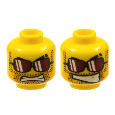 yellow minifigure head dual sided black eyebrows with scar sunglasses with dark red lenses and white reflections bright light orange beard shadow with stubble gold tooth angry bared teeth lopsided open mouth smile pattern