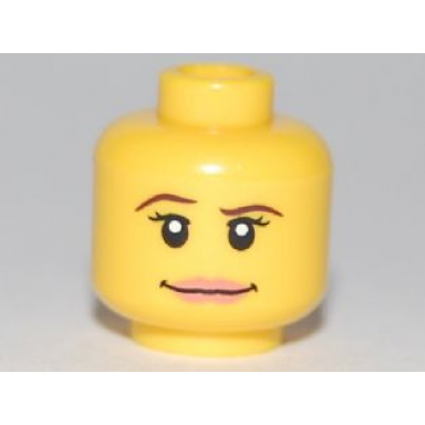 yellow minifigure head female with pink lips thin brown eyebrows and white pupils pattern