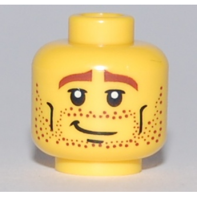 yellow minifigure head male brown stubble brown eyebrows crooked smile and cheek lines pattern