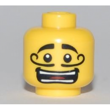yellow minifigure head moustache curly long open mouth grin white pupils pattern