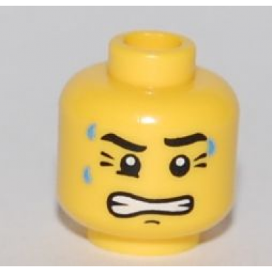 yellow minifigure head dripping sweat with clenched teeth and crows feet pattern