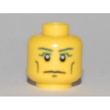 yellow minifigure head blue eyebrows vertical cheek lines slight frown chin dimple and white pupils pattern