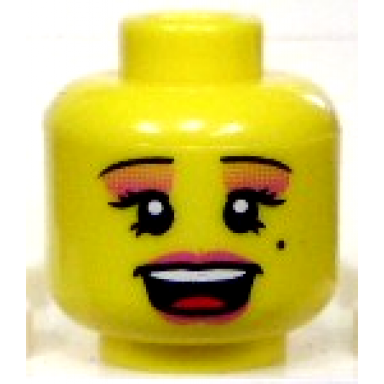 yellow minifigure head female black thin eyebrows eyelashes dark pink eye shadow and lips beauty mark open mouth smile with top teeth and red tongue pattern