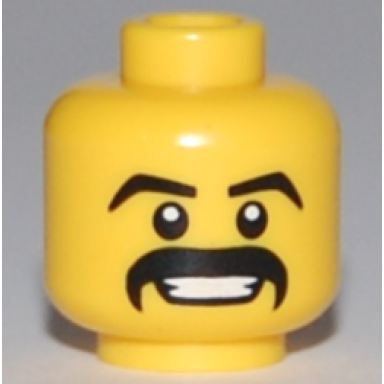 yellow minifigure head black angled eyebrows and thick moustache open mouth smile with teeth pattern