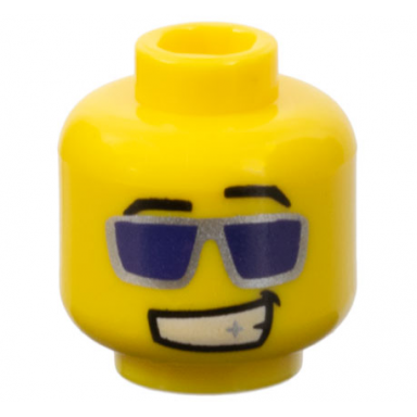 yellow minifigure head black angled eyebrows silver sunglasses with dark purple lenses lopsided open mouth smile with teeth and sparkle pattern