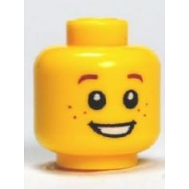 yellow minifigure head child with reddish brown eyebrows and freckles open mouth smile with teeth pattern