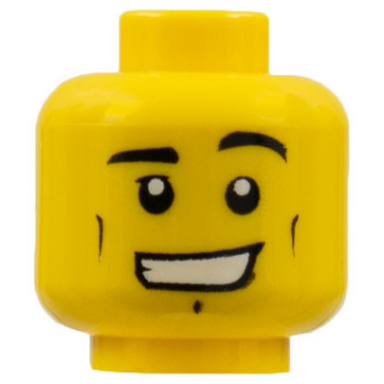 yellow minifigure head black eyebrows left raised small cheek lines chin dimple open mouth smile with teeth pattern