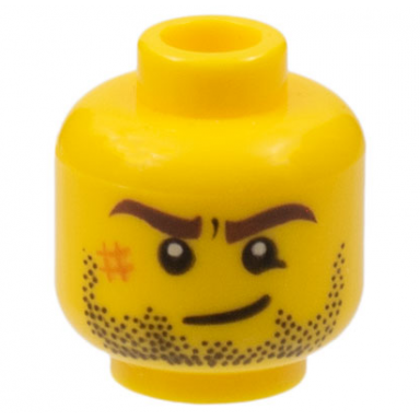 yellow minifigure head dark brown eyebrows black beard stubble dark orange scuff mark lopsided grin pattern