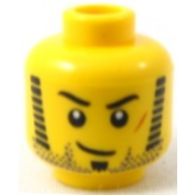 yellow minifigure head black eyebrows sideburns and soul patch dark bluish gray beard stubble orange scar smirk pattern