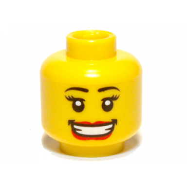 yellow minifigure head female with large red lips open mouth smile with teeth black eyebrows thin eyelashes and white pupils pattern